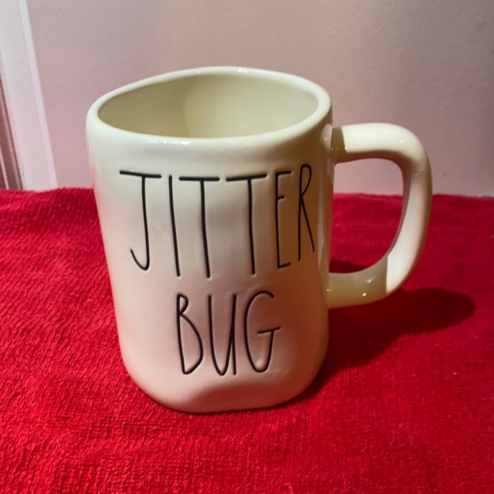 Rae Dunn mug with “Jitter Bug” text